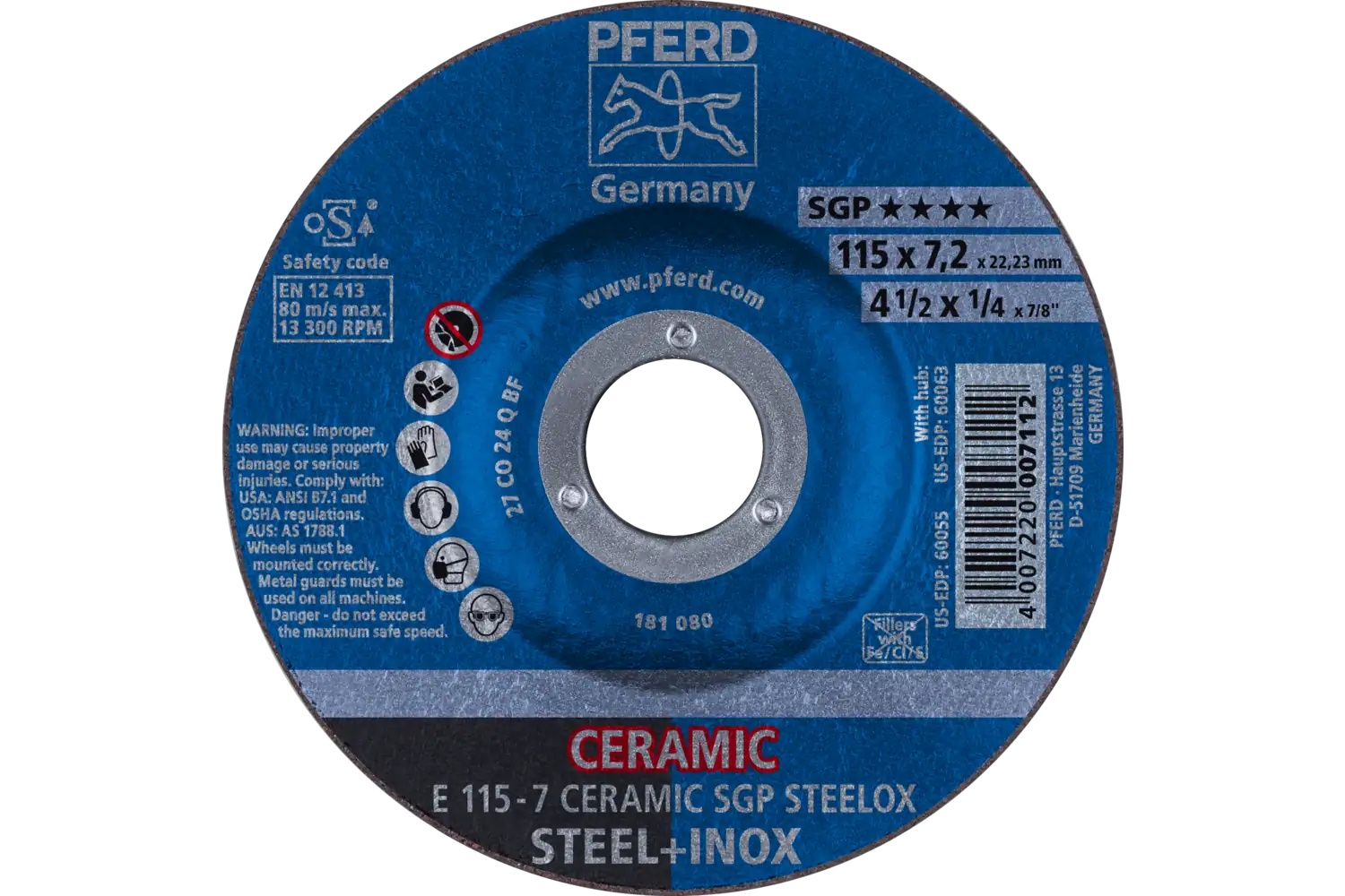 Picture of Pferd Grinding Wheel, 4-1/2" X 1/4 X 7/8, Ceramic Sgp Steelox, T27